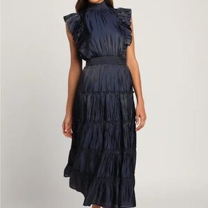 Lulu's Navy Blue Ruffle Midi Dress